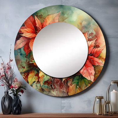 Onelia Red Blossoming Poinsettias II - miroir poinsettia, miroir mural rond rouge unique, impression sur métal