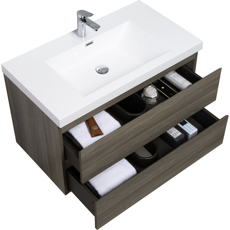 Meuble-lavabo de salle de bain 36 po, unité élégante. Lavabo en résine, tiroirs à fermeture en douceur. Gris cendré. Flottant 24 V11-36Ag avec lavabo, rangement mural attrayant. Propreté.
