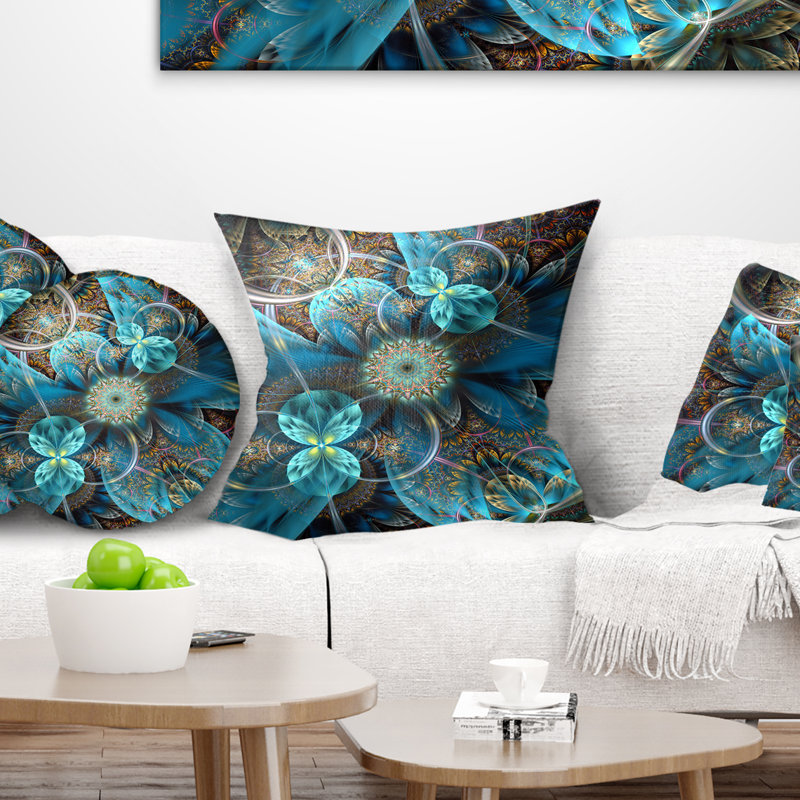 Fleurs bleues fractales - coussin à imprimé floral, 16 po x 1 po, Coussin décoratif