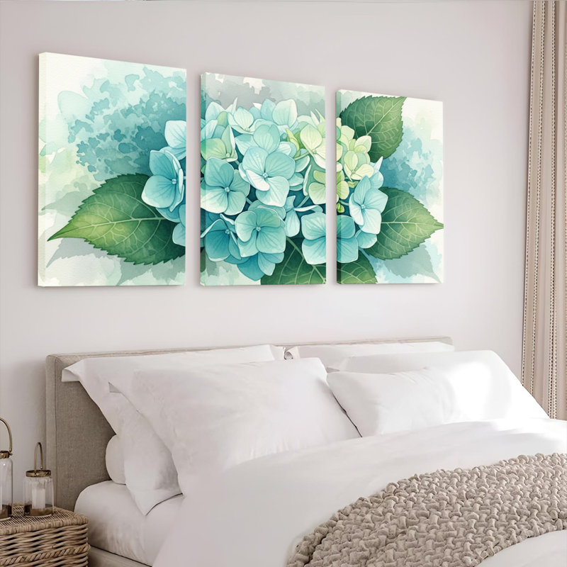 «Blue Hydrangea», reproduction d'art sur toile tendue à l'aquarelle (ensemble de 3), H 30 po x l 60 po