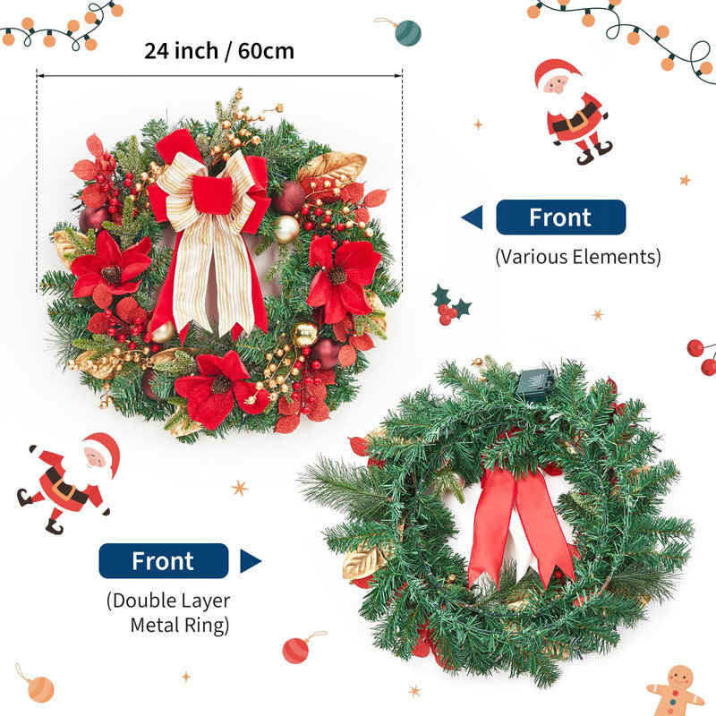 Couronne de Noël illuminée de 61 cm (24 po) avec magnolia et pin, 20 lumières DEL, 8 modes, fonctionne sur piles, intérieur et extérieur
