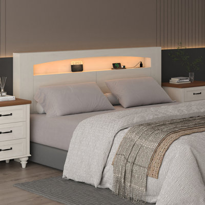 Tête de lit pour grand lit seulement avec lumières RVB et station de charge, tête de lit en bois avec tablettes ouvertes et tiroirs cachés, contrôle facile pour l'ambiance de la chambre à coucher (blanc)