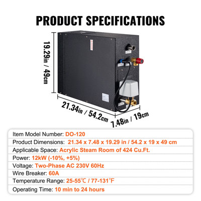 12KW Steam Shower Generator, Segmented Heating & Temperature Customization & 24h Timer Steam Kit, Automatic Drainage Home Steam Shower System Tested to UL Standards