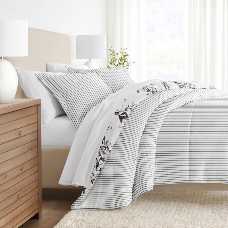 Gray All Season Down-Alternative Reversible Comforter Set in Vintage Magnolia Stripe, Queen Comforter + 2 Standard Shams