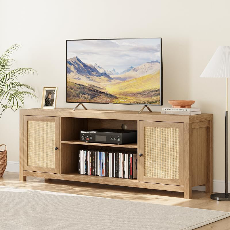 TV Stand for 65 Inch TV with Rattan Doors, Natural Wood