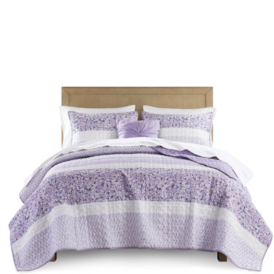 4 Piece Seersucker Quilt - Full/Queen Bed, Look, Three Floral Designs, Filling Size With Throw Design, Printed Seersucker,