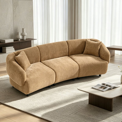 Curved Polyester Sofa, Modern 3-Seater Upholstered Sofa with Throw Pillows, Oversized Cloud Couch for Living Room, Reception Area