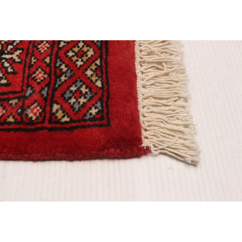 Tapis unique en laine noué à la main Bokhara rouge de 2 pi 7 po x 6 pi 6 po Peshawar