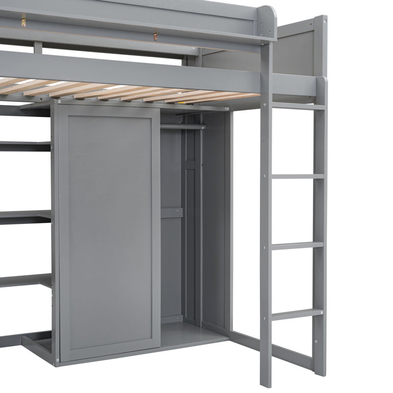 Lit mezzanine simple en bois, avec bureau de loisirs et lit de rangement, Gris