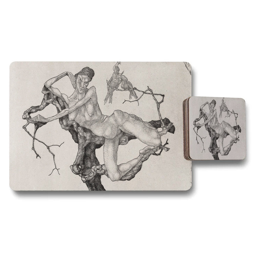 Nude Figure On Tree Branch Art Placemat And Coaster Set
