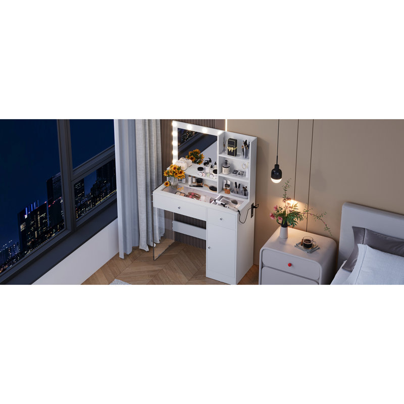 Bureau de meuble-lavabo avec 12 ampoules, 3 modes, surface en verre, armoire, tiroirs, rangement, blanc, plateau à maquillage, charge, stable et