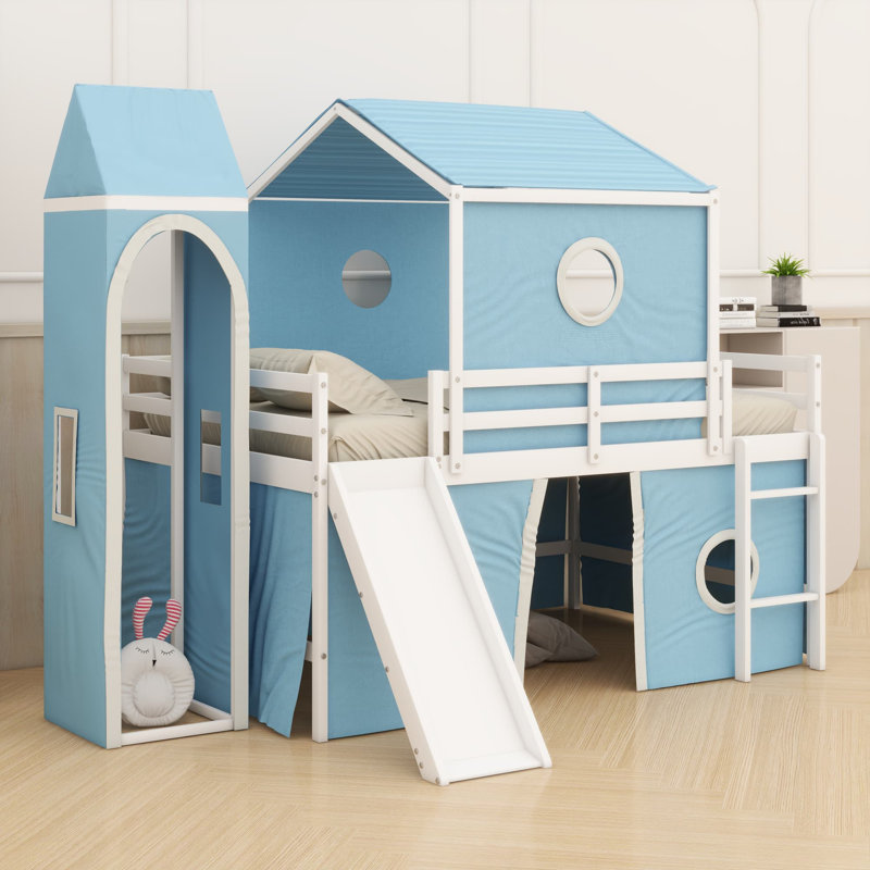 Lit mezzanine avec tente coulissante, Lit simple, Bleu