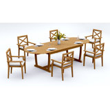 8 Seats 9 Pcs Grade-A Teak Wood Dining Set: 118" Double Extension Mas Oval Trestle Leg Table And 8 Granada Stacking Arm Chairs #11GR2708