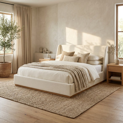 Grand lit à oreilles moderne avec tête de lit tapissier, base de lit plateforme avec support en bois d'hévéa massif, blanc