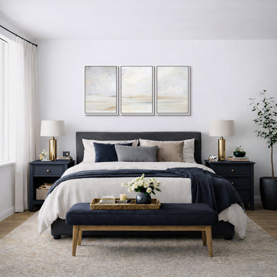 Minimal Landscape "Muted Serene Coastal Beach Artwork, Modern Abstract Neutral Wall Pictures, Large Framed Canvas Giclee Print 3 Pieces Wall Art" 16x24x3 pcs, 24x36x3 pcs