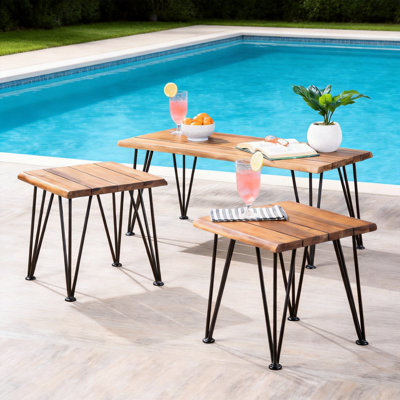 Table de patio en acacia résistante aux intempéries avec pieds en épingle à cheveux industriels