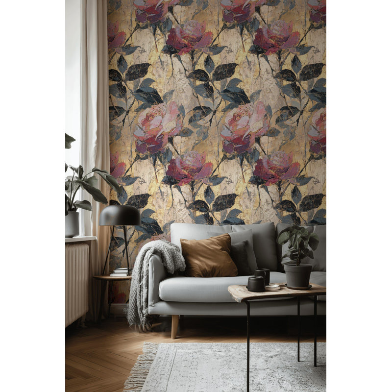 Papier peint floral doré à peler et coller, décoration murale romantique