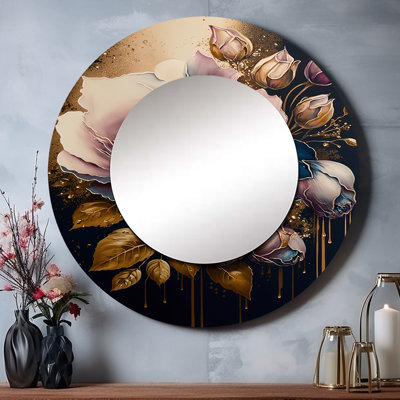 «Padraic Decadent Pink and Blue Roses II» - miroir rose, miroir mural rond traditionnel unique, impression d'art en métal