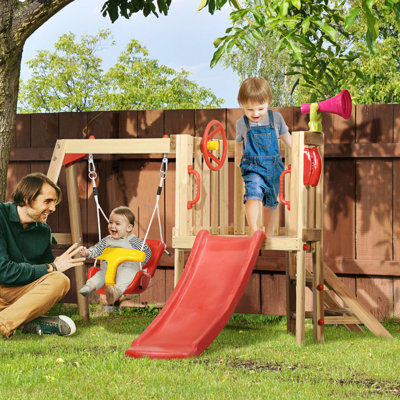 Ensemble de jeu extérieur 4 en 1 avec siège de balançoire pour bébé, glissade pour tout-petit, roue du capitaine, klaxon, équipement de jeu pour enfants
