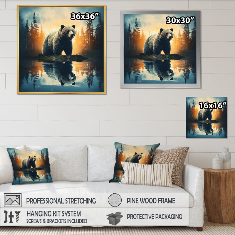 «Double Exposure Bear», art mural grand ours, Cadre flottant doré, H 24 po x l 24 po x P 1 po