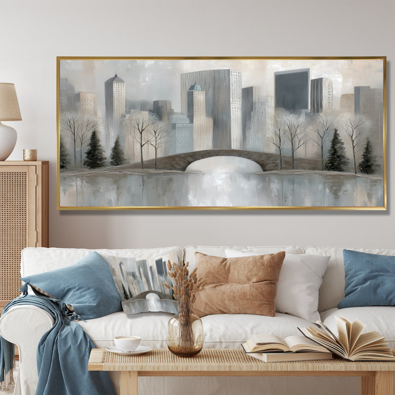 «New York City Skyscrapers - Cityscape Wall Art, Gray Cityscape», reproduction sur toile, H 28 po x l 60 po, Cadre flottant