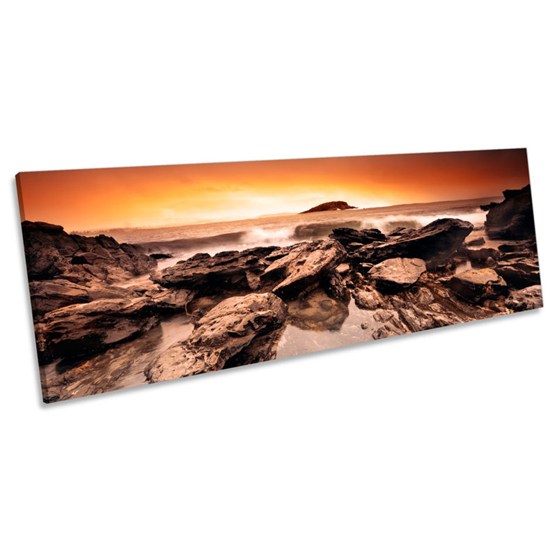 Sunset Beach Surf Rocks - Wrapped Canvas Panoramic Art Prints, 30.48cm H x 91.44cm W x 2cm D