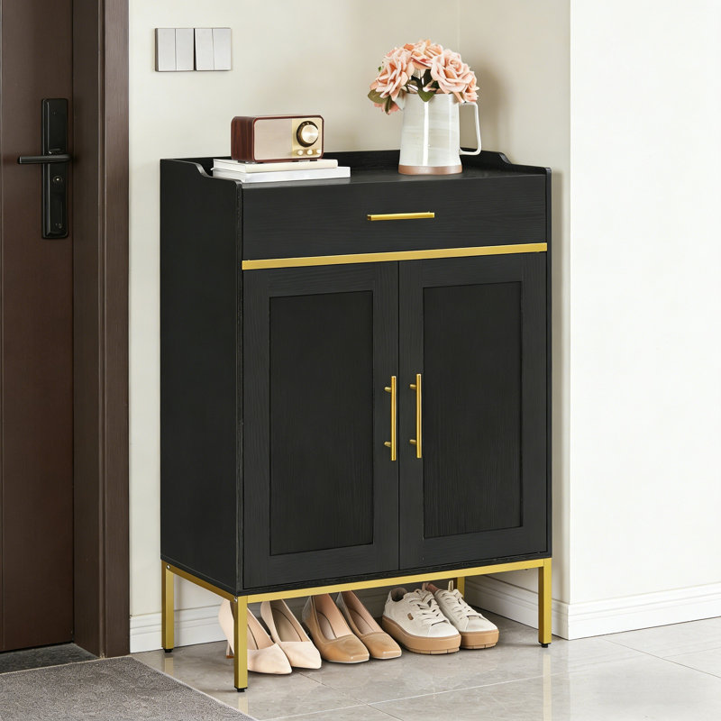 Farmhouse Narrow 4-Door Flip-Front Woven Shoe Cabinet, Black