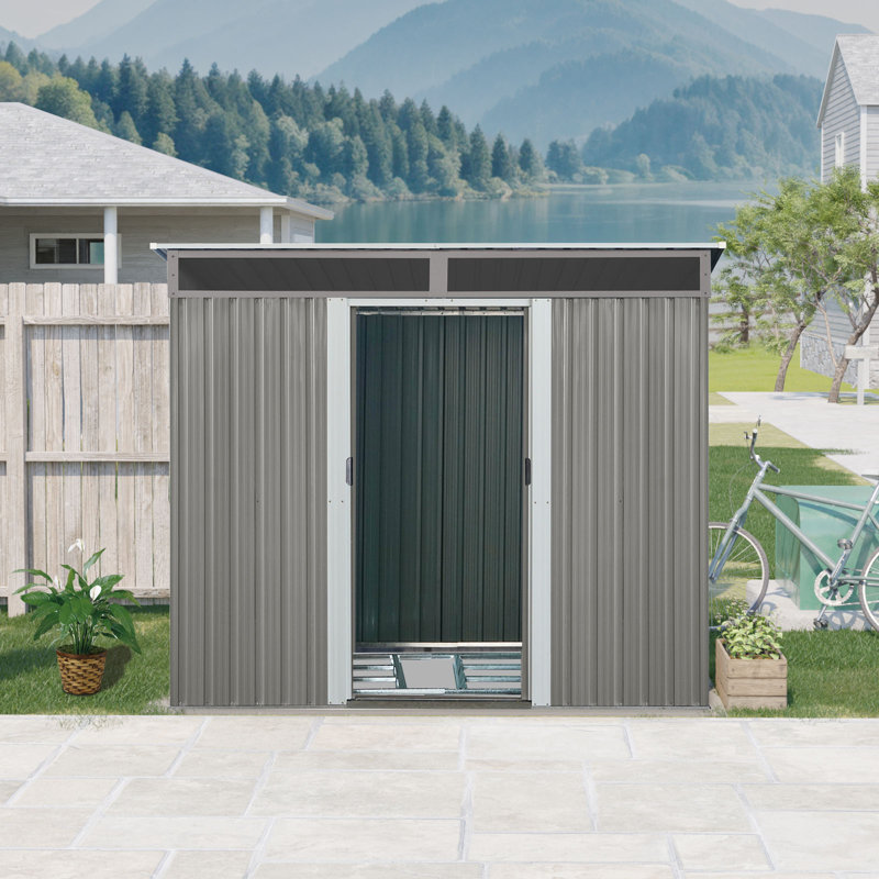 8x6 Metal Outdoor Storage Shed With Transparent Plate Gray