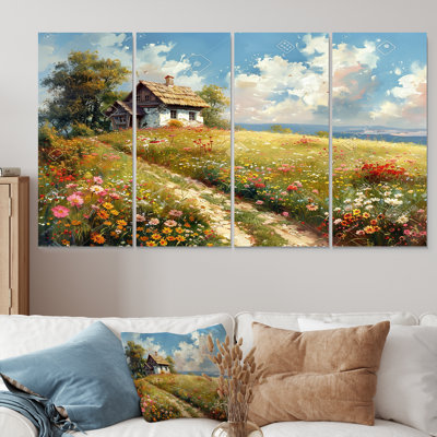 Maison de campagne blanche dans un pré fleuri - ensemble de décorations murales paysage 4 pièces