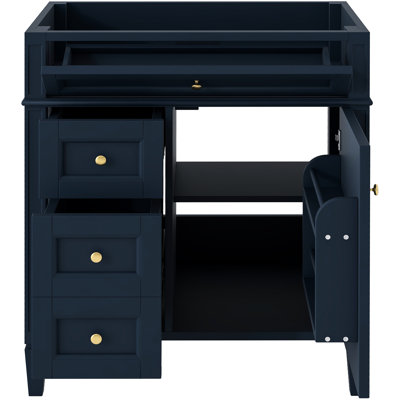 Meuble-lavabo de 30 po de conception moderne pour plus d'efficacité, 3 tiroirs comprenant un tiroir basculant, un organisateur de porte d'armoire, une tablette réglable, des glissières de tiroir en métal lisse, un rangement diversifié, un pied romain et une texture