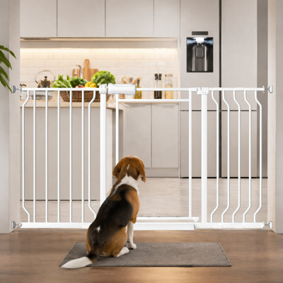 Triple Lock Pet Gate with Clear Acrylic Panel - Adjustable 48-56" Wide Pressure Mount for Stairs, Doorways Metal White