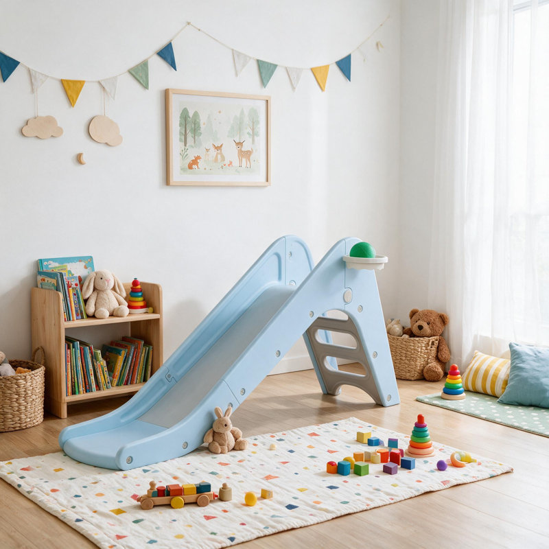 Toddler Slide, Baby Indoor Foldable Slide with Basketball Hoop & Ball, 63" Extra Long Slope, Non‑Slip Steps, Sturdy Plastic Outdoor Climber Playset for Boys and Girls, for Kids Ages 3+