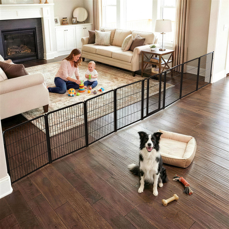 Barrière pour chien très large FXW conçue pour une utilisation à l'intérieur, largeur réglable jusqu'à 219 po de largeur (H 32 po à 8 fils pour petits et moyens chiens), noir
