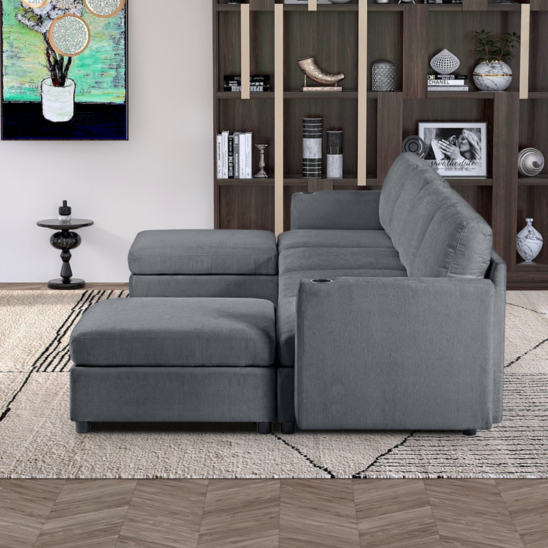 Canapé modulaire moderne en U avec repose-pieds et porte-gobelets, Polyester gris