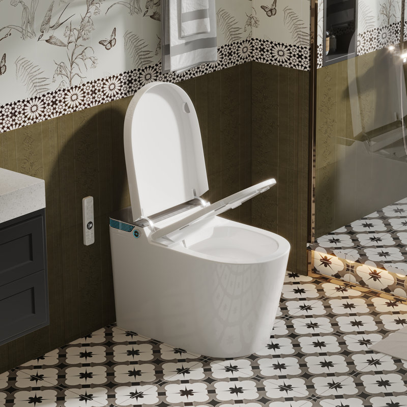 Yulika Smart Toilet Elongated Bidet Auto Noiseless Open/close Lid With Built-in Tank Adjustable High Pressure, Auto & Blackout Flush Modern Toilet, Warm Seat, Water, And Dryer