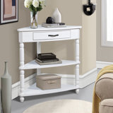 33.8'' Small Triangle Corner Table, Wood Corner Side Table For Small Spaces/ Living Room, 3 Tier End Corner Table With Solid Wood Legs, Milk White