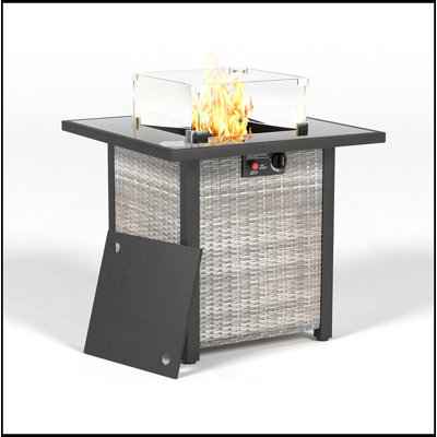 Table de foyer d'extérieur au propane 28 po, aspect rotin et osier, 50000 BTU, foyer de table au gaz en verre trempé avec pare-brise en verre pour l'extérieur