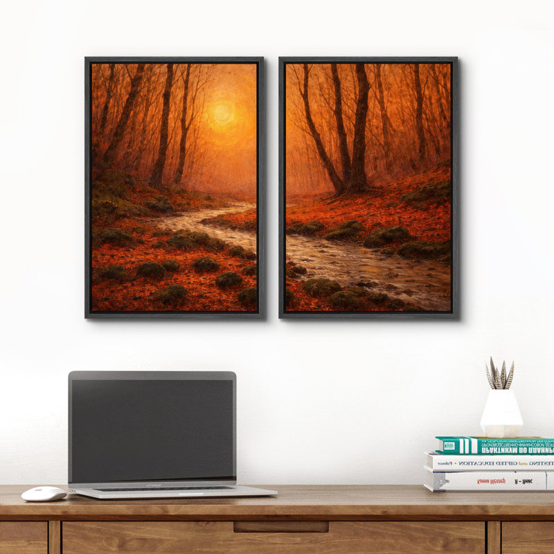 «Autumn Forest Path with Warm Sunset Light», reproduction d'art sur toile encadrée pour chambre principale, 2 pièces, Noir