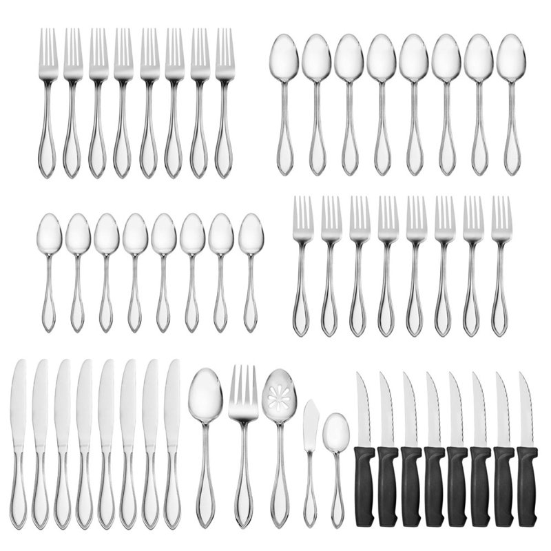 Pfaltzgraff American Bead 53-Piece Stainless Steel Flatware Set with Steak Knives & Hostess Set, Service for 8