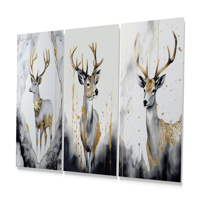 Minimalisme gris et doré cerf I - ensemble de 3 art mural en métal, H 32 po x l 48 po