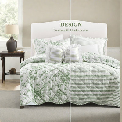 Green King Bedding Sets, Soft Polyester Reversible Floral Quilt for Home