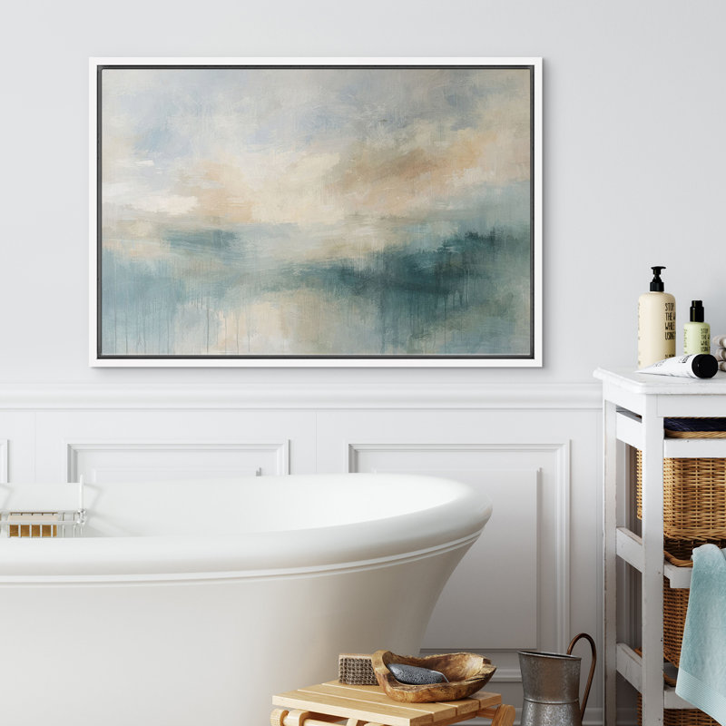 «Serene Blue Green Abstract Waterscape Landscape Wall Decor», reproduction d'art encadrée sur toile, H 24 po x l 36 po, Blanc