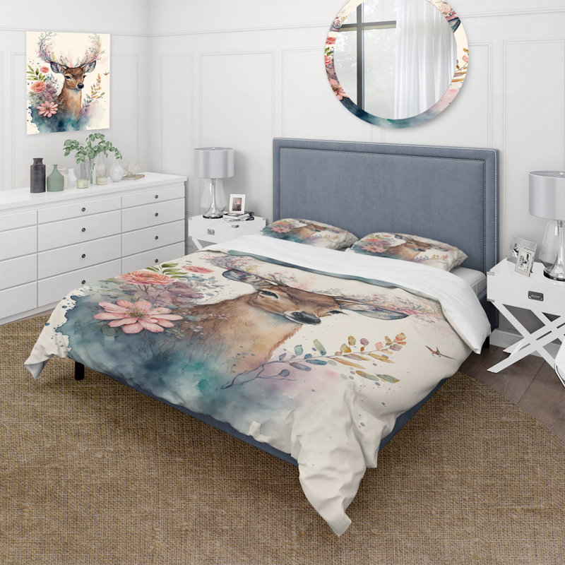 Ensemble de housse de couette mignon petit cerf avec fleurs roses en microfibre / polyester