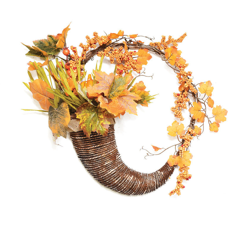 Couronne de corne d'abondance artificielle avec baies et citrouilles - 18 po