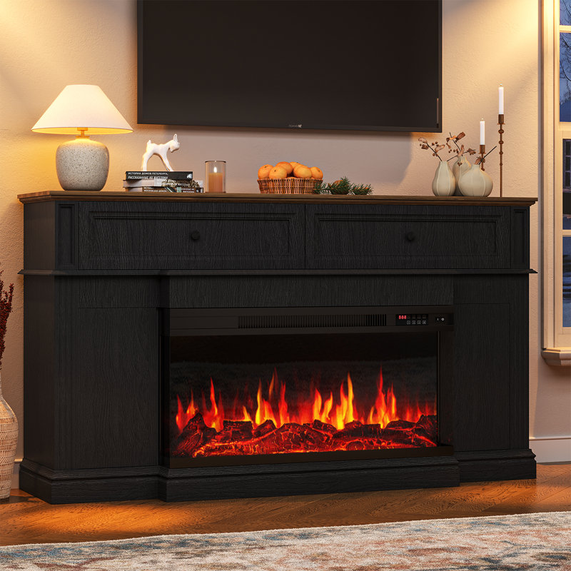 63" TV Stand with Electric Fireplace for TVs up to 70 Inch, Media Entertainment Center with Cable Management, Adjustable Shelves & Hidden Storage Doors,Black