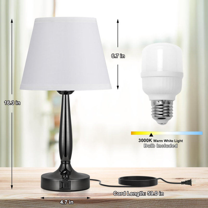 Lampe de table tactile pour la chambre à coucher, petite lampe de chevet avec port de charge USB C, lampe de table de chevet à commande tactile à intensité variable 3 voies