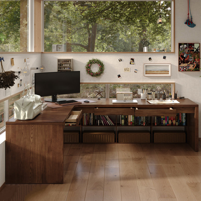 Bureau en coin en bois de pin massif brun Nordic Simple, bureau d'ordinateur et bureau, H 29,53 po x l 70,87 po x P 21,56 po