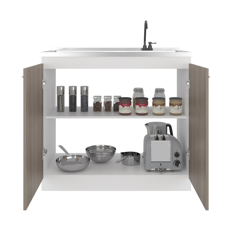 Napoles Utility Sink With Faucet Inclued And Integrated Stainless Steel Counter Top, Freestanding Cabinet With Two Doors, Metal Handles And Two Interior Shelves, Light Espresso