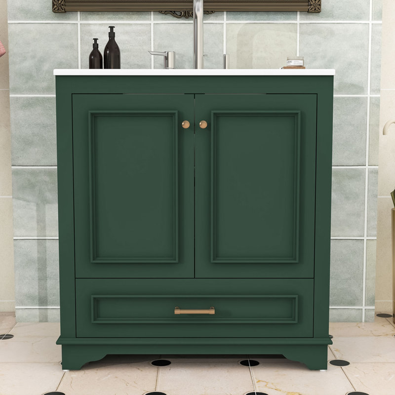 Meuble-lavabo de salle de bain avec lavabo, tiroir de rangement et 2 portes à fermeture douce, Vert