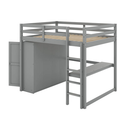 Lit mezzanine double avec bureau, tablettes et tiroirs